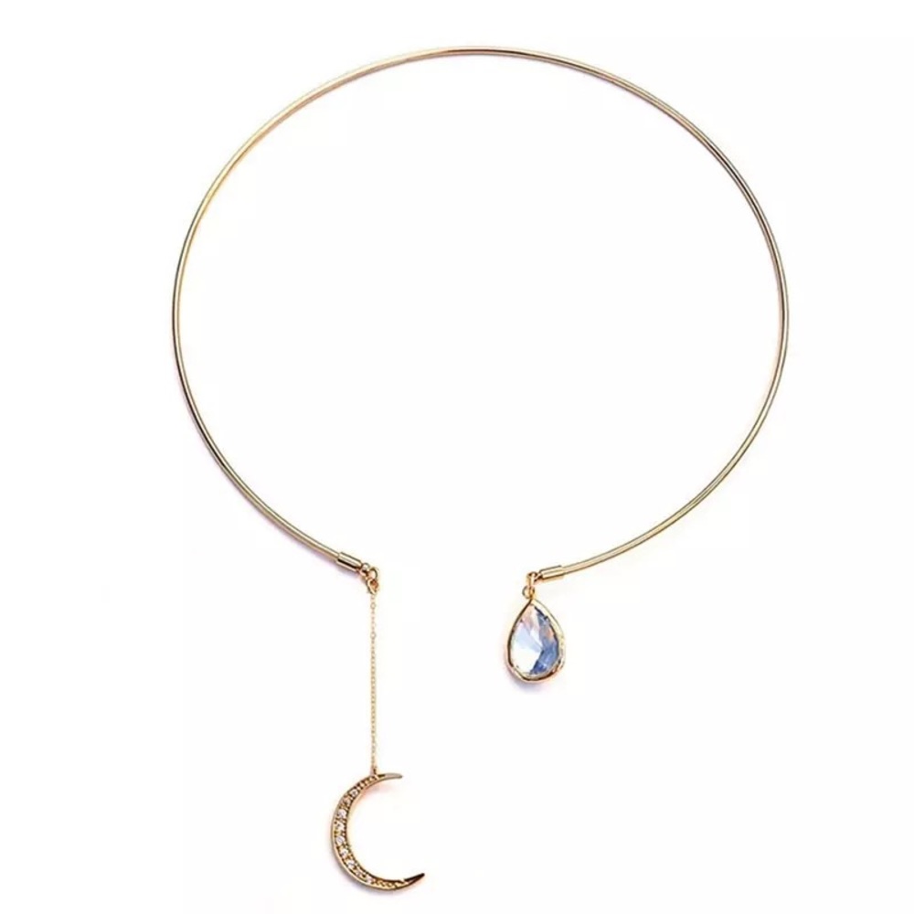 Beautiful Crystal Moon and Aquamarine Gold Choker Necklace - Picture 2 of 13